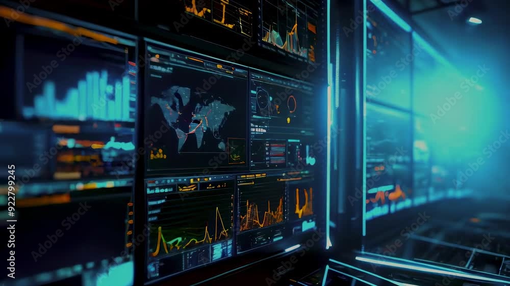 An Asian man in his 30s analyzes data on multiple screens in a high-tech control room at night. Charts, graphs, and maps display complex information. The room is brightly lit with blue-toned screens, An Asian man in his 30s analyzes data on multiple screens in a high-tech control room at night. Charts, graphs, and maps display complex information. The room is brightly lit with blue-toned screens,