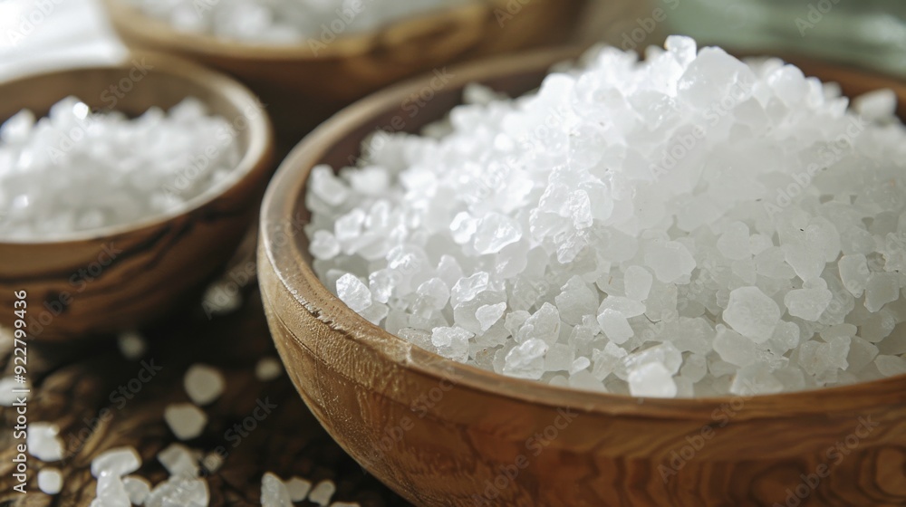 A close-up of coarse sea salt crystals in a wooden bowl, highlighting their natural texture and purity. A close-up of coarse sea salt crystals in a wooden bowl, highlighting their natural texture and purity.