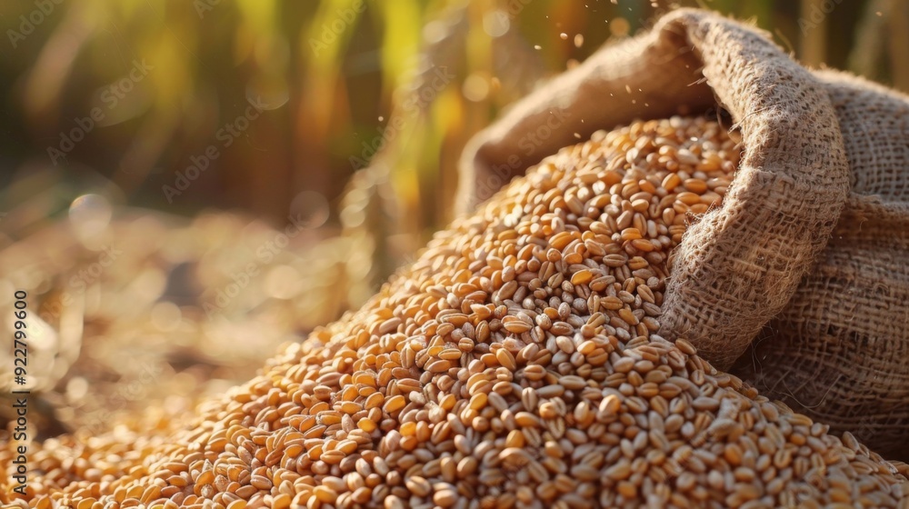 A close-up of wheat grains pouring out of a sack, symbolizing abundance and the harvest season. A close-up of wheat grains pouring out of a sack, symbolizing abundance and the harvest season.