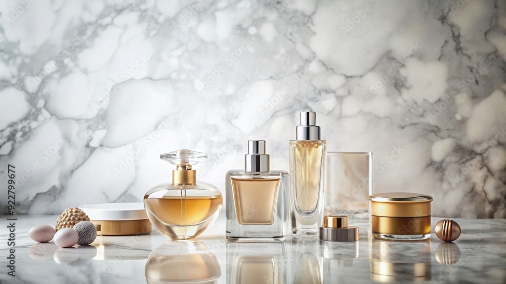 Bottle of elegant perfume and cosmetic products on a marble background, fragrance, beauty, skincare, luxury, makeup Bottle of elegant perfume and cosmetic products on a marble background, fragrance, beauty, skincare, luxury, makeup