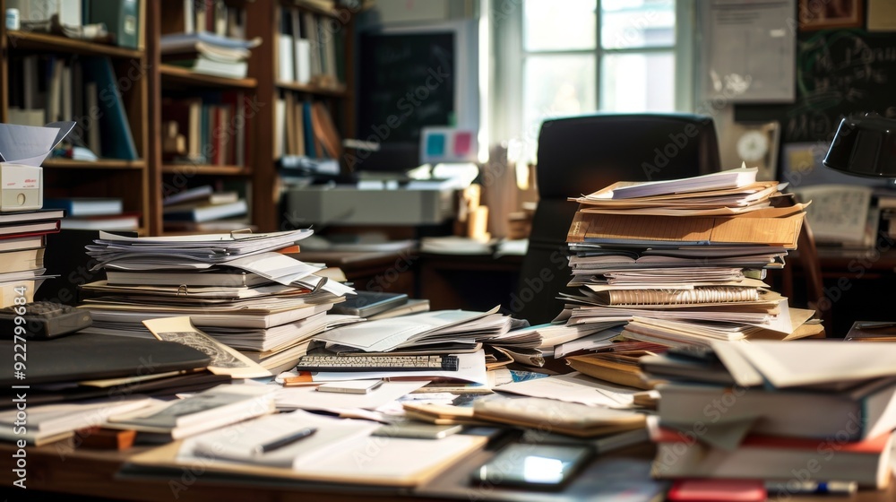 Fototapeta premium A cluttered desk with an overflow of documents and papers, creating a chaotic and disorganized work environment.