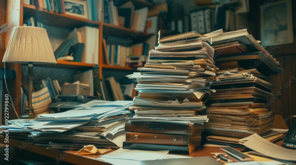 A desk piled high with an overflow of documents and reports, creating a sense of overwhelming administrative tasks. A desk piled high with an overflow of documents and reports, creating a sense of overwhelming administrative tasks.