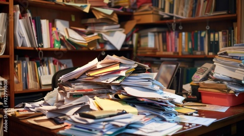 A desk overloaded with a pile of papers, files, and folders, illustrating the challenges of managing office paperwork.