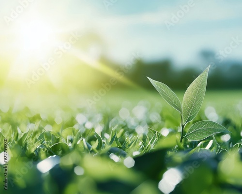 A close-up of a young green plant emerging from the grass under sunlight, symbolizing growth and nature's renewal. photo