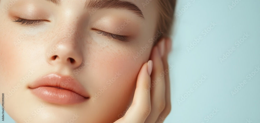 A close-up portrait of a serene young woman with flawless skin, showcasing beauty and calmness in a soft blue background. A close-up portrait of a serene young woman with flawless skin, showcasing beauty and calmness in a soft blue background.