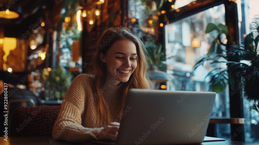Young Woman Smiling and Using Laptop at Coffee Shop Young Woman Smiling and Using Laptop at Coffee Shop