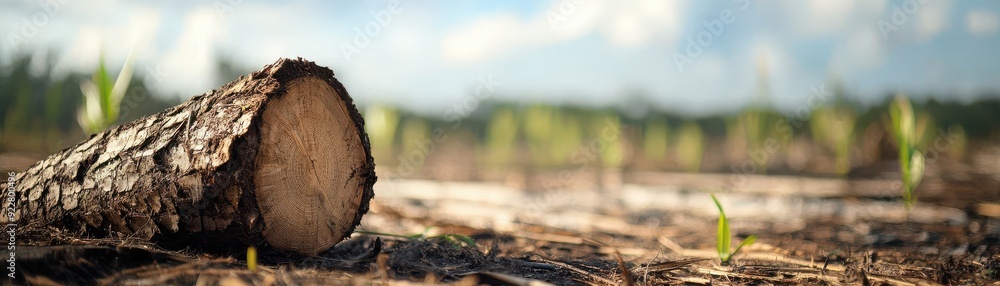 A close-up view of a fallen log on the ground, surrounded by green sprouts and a scenic landscape in the background. A close-up view of a fallen log on the ground, surrounded by green sprouts and a scenic landscape in the background.
