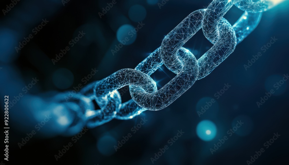 A close-up view of a glowing digital chain symbolizing connection and security in technology and blockchain applications. A close-up view of a glowing digital chain symbolizing connection and security in technology and blockchain applications.