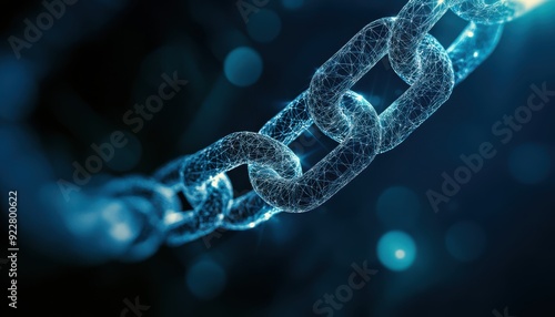 A close-up view of a glowing digital chain symbolizing connection and security in technology and blockchain applications.