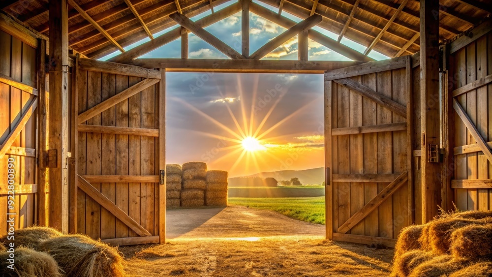 Fototapeta premium Sunrise shining through wooden barn doors, casting warm light on hay bales and livestock inside, dawn, barn, sunrise