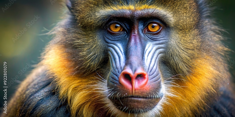 Obraz premium Close-up of a focused mandrill monkey with detailed fur and intense eyes, mandrill, monkey, animal, wildlife, close-up, focused