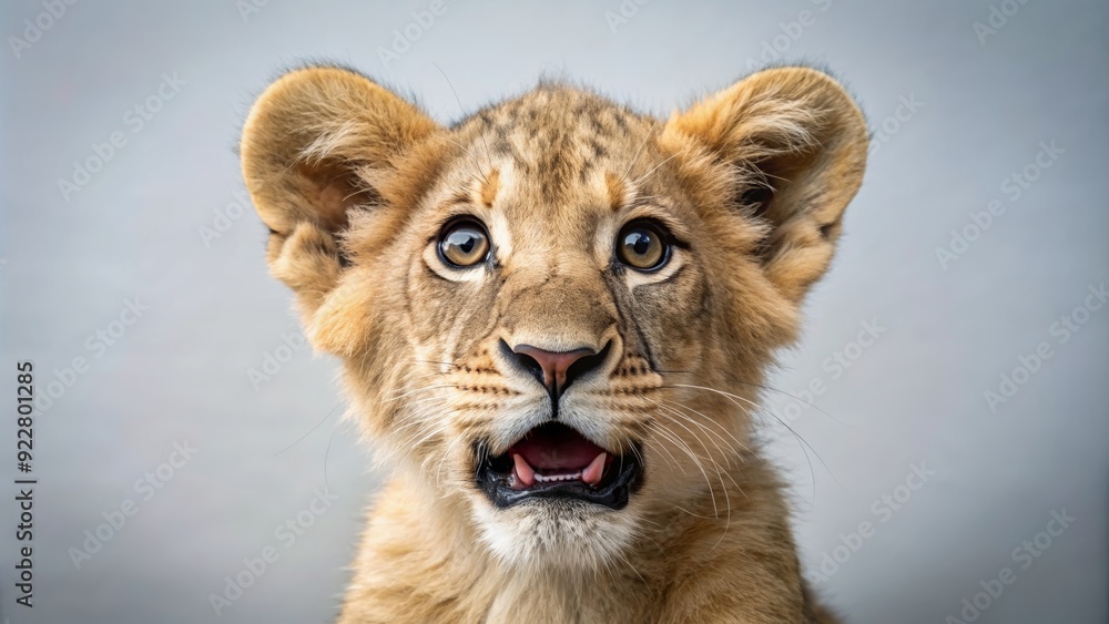 Obraz premium Lion cub with a shocked and amazed expression, lion, cub, wildlife, animal, surprised, amazed, expression, cute, adorable, young