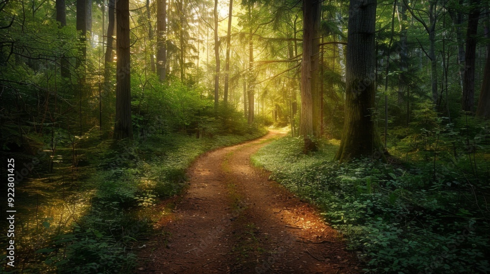 Fototapeta premium A serene forest path with dappled sunlight filtering through the trees, symbolizing the freedom and peace of exploring nature trails.