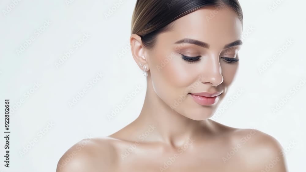 Young woman with flawless skin and pearl earrings exudes elegance and grace against a white backdrop, showcasing natural beauty and sophistication Young woman with flawless skin and pearl earrings exudes elegance and grace against a white backdrop, showcasing natural beauty and sophistication