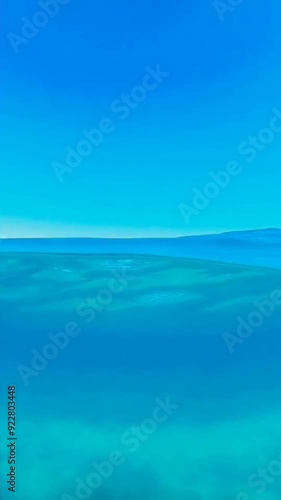 Underwater above and below video of tropical exotic paradise seascape with caves and crystal clear turquoise open ocean sea and blue sky. Waves breaks over camera on shallow sand beach. photo