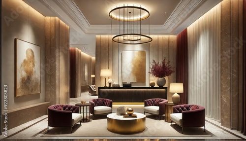 An elegant reception area with warm, neutral palette of taupe and cream, accented by rich burgundy