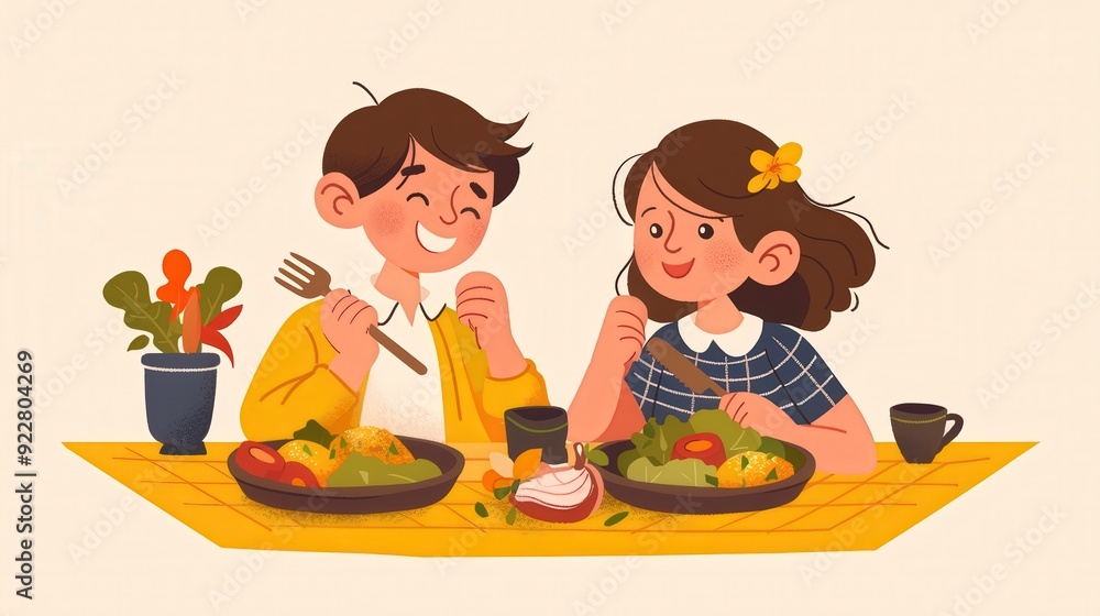 A cheerful illustration of two children enjoying a meal together at a table. A cheerful illustration of two children enjoying a meal together at a table.