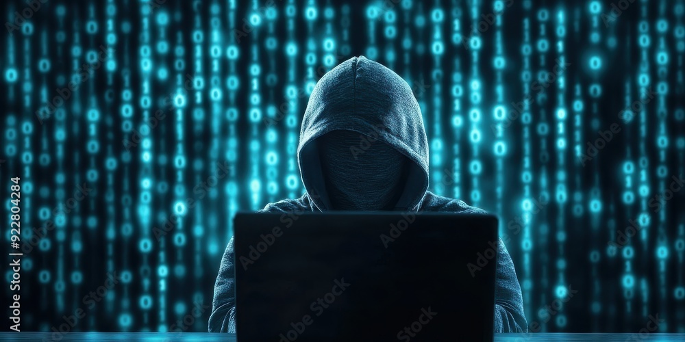 A mysterious figure in a hoodie sits in front of a laptop, surrounded by digital code, evoking a sense of intrigue and cybersecurity. A mysterious figure in a hoodie sits in front of a laptop, surrounded by digital code, evoking a sense of intrigue and cybersecurity.