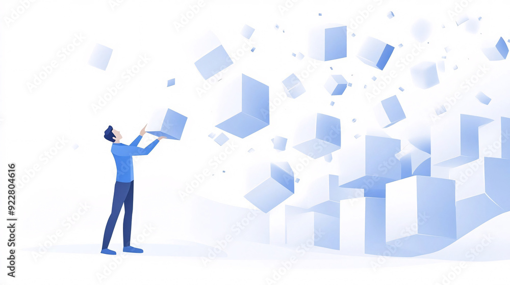 A minimalist illustration of a person in blue holding a floating cube, surrounded by numerous other floating cubes in a light, abstract environment A minimalist illustration of a person in blue holding a floating cube, surrounded by numerous other floating cubes in a light, abstract environment