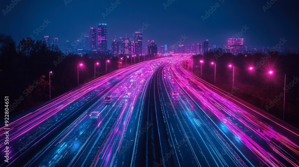 Fototapeta premium A vibrant cityscape at night with light trails from moving vehicles on a highway.