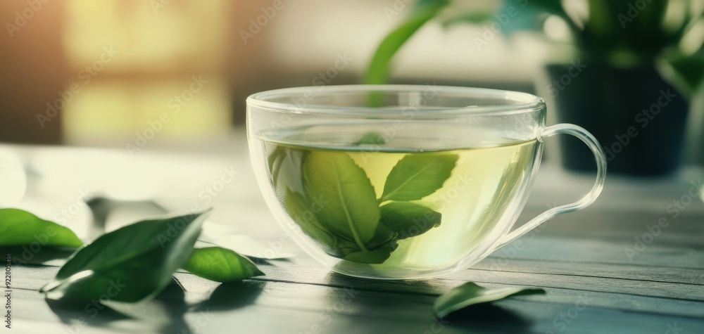 A serene cup of green tea with fresh leaves, resting on a wooden table, capturing the essence of calm and relaxation. A serene cup of green tea with fresh leaves, resting on a wooden table, capturing the essence of calm and relaxation.
