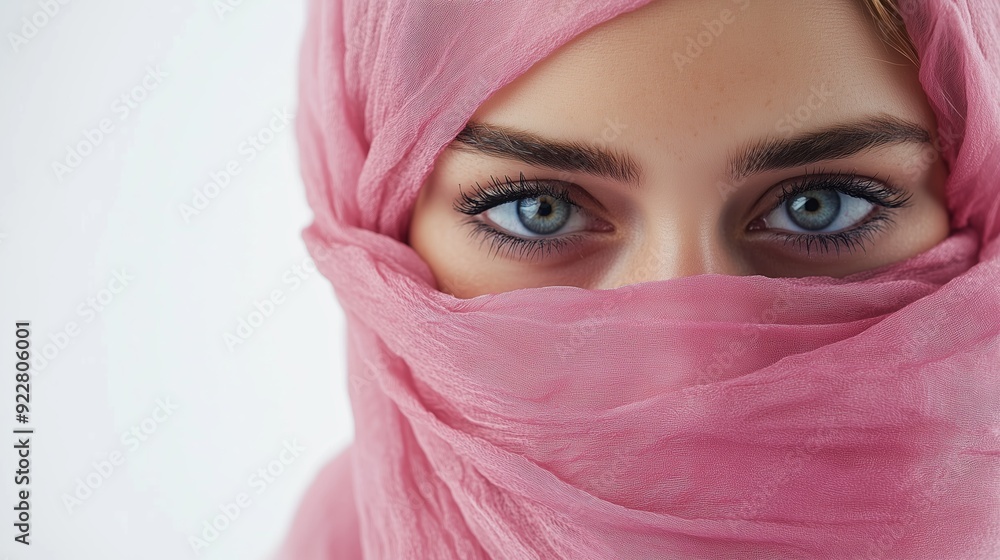 Close-up of a woman with bright blue eyes, partially covering her face with a pink scarf against a light background Close-up of a woman with bright blue eyes, partially covering her face with a pink scarf against a light background
