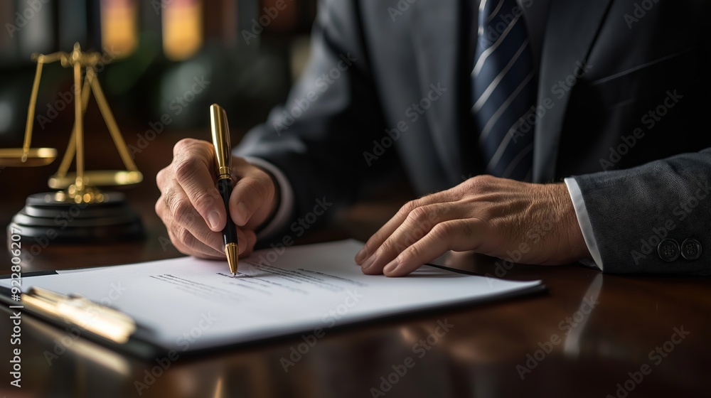 Close-up of a lawyer in a suit signing legal documents at a desk, with a golden scale of justice in the background, representing the drafting of subpoenas Close-up of a lawyer in a suit signing legal documents at a desk, with a golden scale of justice in the background, representing the drafting of subpoenas