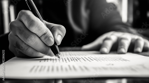 Close-up of a hand holding a pen, writing on a legal document in black and white, capturing the process of drafting subpoenas, emphasizing focus, precision, and the seriousness of legal work