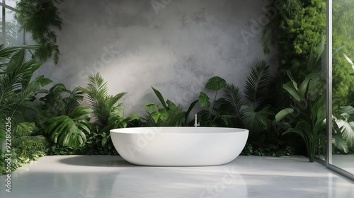  Modern bathroom interior with a sleek white bathtub surrounded by lush green plants, creating a serene and spa-like atmosphere with natural light filtering through large windows