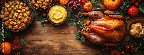 Flat lay photo, traditional thanksgiving dinner, food photo of bowls filled with thanks giving meal with roast turkey and other foods on a wooden table