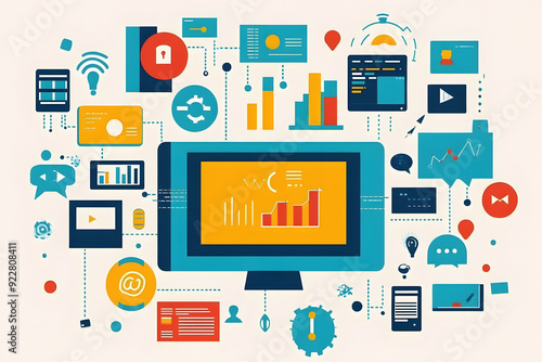 Wallpaper Mural Various Icons Surrounding Computer Screen, Develop a comprehensive marketing plan that integrates both traditional and digital strategies Torontodigital.ca