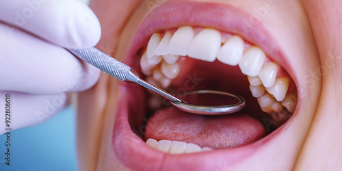 Dentist examining teeth with dental mirror and scaler