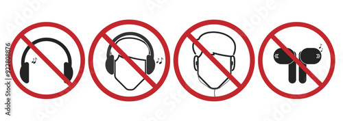 Bundle set prohibition sign to use Headphones, earphones, TWS, Buds, Music Hear, for class, driving, meeting and indoor label