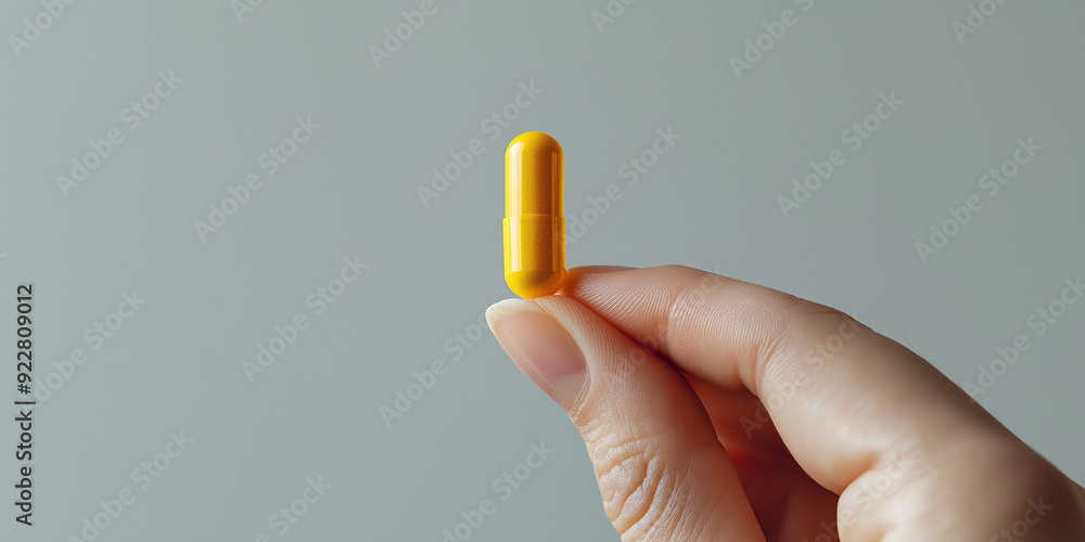 Hand holding a single yellow pill on neutral background Hand holding a single yellow pill on neutral background