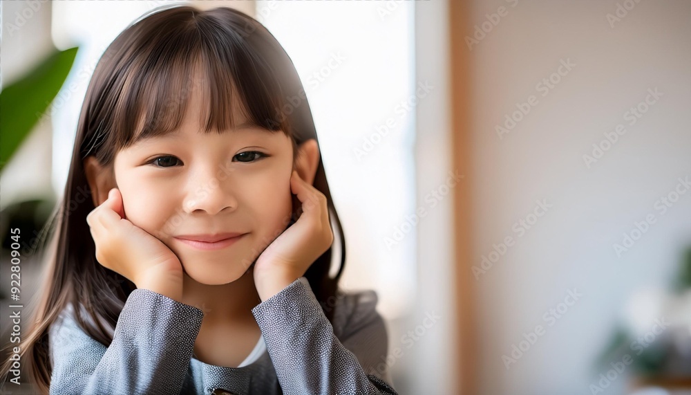 頬杖をついている笑顔の幼い少女(little girl putting her hand on her cheek)
頬杖をついている笑顔の幼い少女(little girl putting her hand on her cheek)