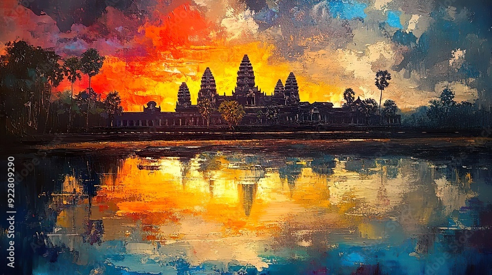 Naklejka premium Sunset hues blending over water in a stunning acrylic painting image