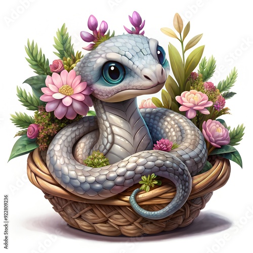 Cute gray or silver snake with flowers in a basket isolated on white background.