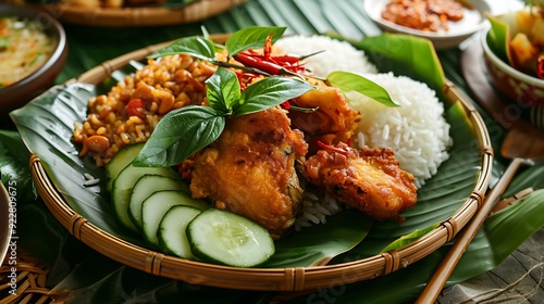 Indonesian nasi tutug oncom served with rice, fried chicken, tempeh, sambal, cucumber, and basil leaves on a banana leaf, highlighting traditional flavors and aromatic herbs in a vibrant presentation photo