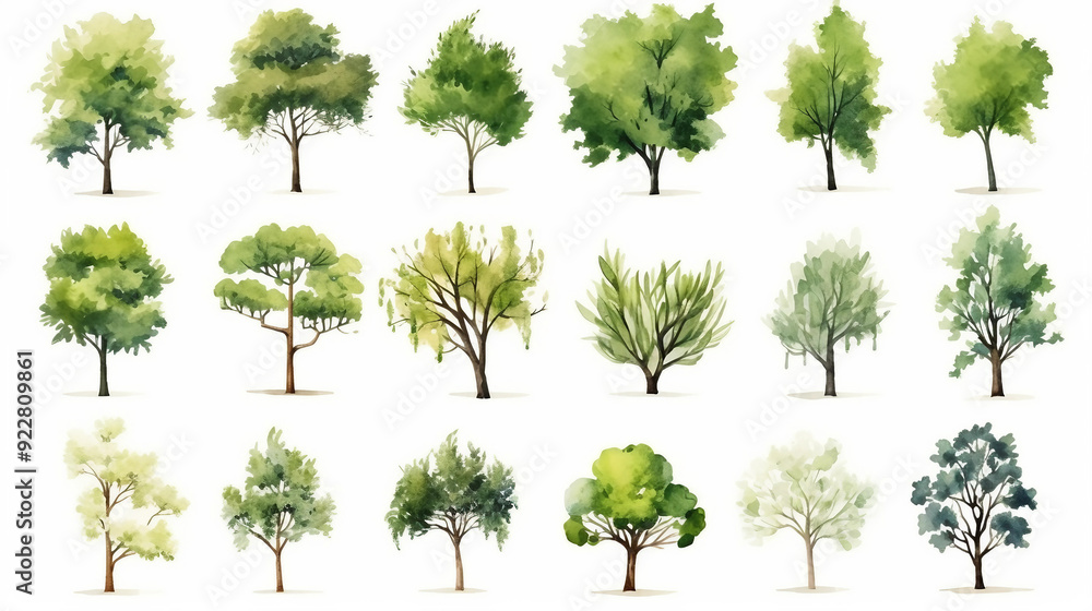 Fototapeta premium Tree watercolor style vector illustration set