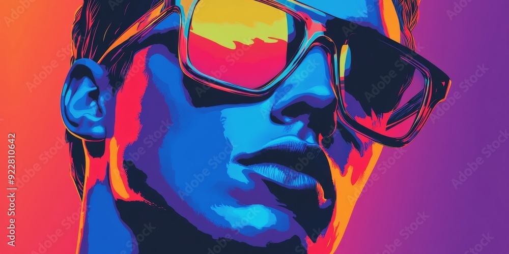 Vibrant Pop Art Portrait of a Young Person with Reflective Sunglasses, Embracing the Energetic Spirit of Youth Culture. Vibrant Pop Art Portrait of a Young Person with Reflective Sunglasses, Embracing the Energetic Spirit of Youth Culture.