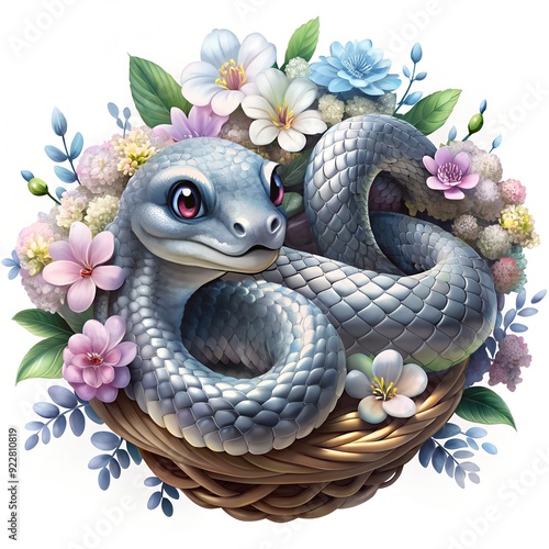 Cute gray or silver snake with flowers in a basket isolated on white background.