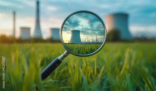A small floating magnifying glass looking at the lens seeing a nuclear power plant as the subject, environmental concept, industry energy solutions 