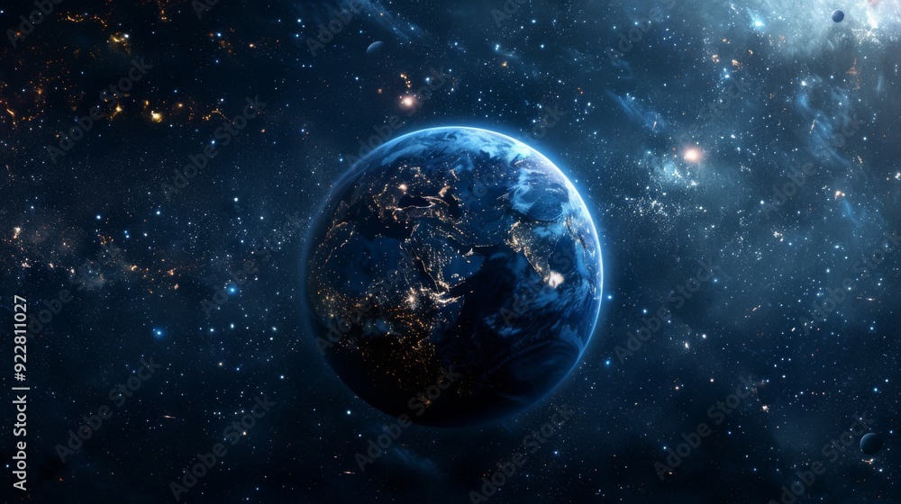 Obraz premium A mesmerizing depiction of Earth in a tranquil blue and white palette, floating in the vastness of space with the distant sun casting a gentle glow on the horizon.