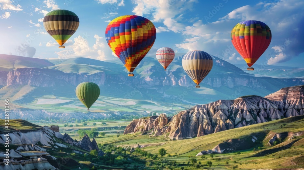 Obraz premium An awe-inspiring image of colorful hot air balloons drifting over a vast, panoramic mountain landscape, capturing beauty, adventure, and the wonders of nature from above.
