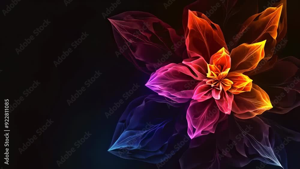 A vibrant abstract flower with multicolored, luminescent petals radiates against a dark background, creating a stunning, luminous effect. The petals blend hues of red, blue, and yellow, forming a A vibrant abstract flower with multicolored, luminescent petals radiates against a dark background, creating a stunning, luminous effect. The petals blend hues of red, blue, and yellow, forming a
