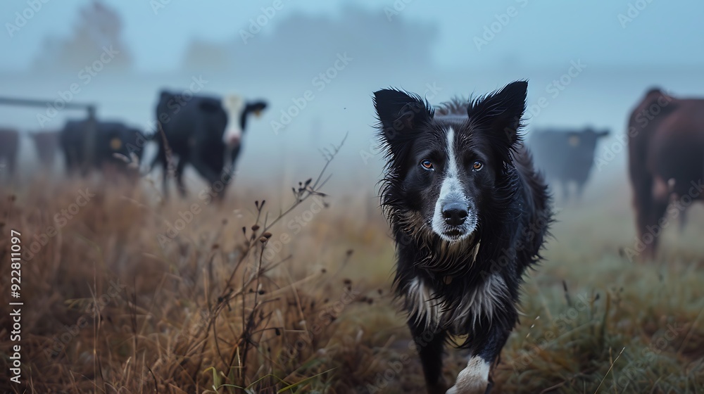 Shepherd dog with an alpha male presence herding cattle through a foggy morning landscape its serious expression and focused eyes reflecting its dedication Shepherd dog with an alpha male presence herding cattle through a foggy morning landscape its serious expression and focused eyes reflecting its dedication