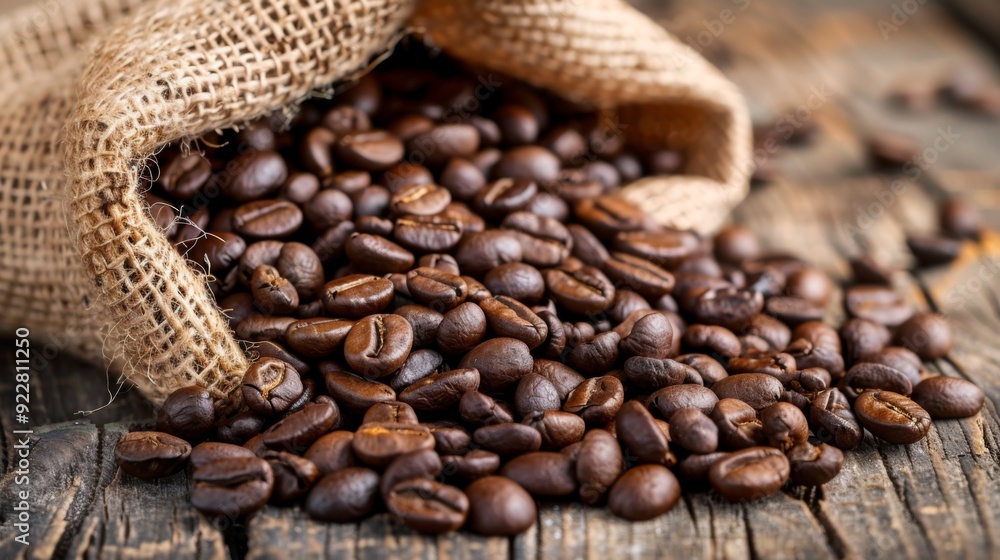 Fototapeta premium A rustic burlap sack sprawled open, spilling aromatic, freshly roasted coffee beans onto a wooden table, illustrating the rich, sensory appeal and craftsmanship behind coffee.