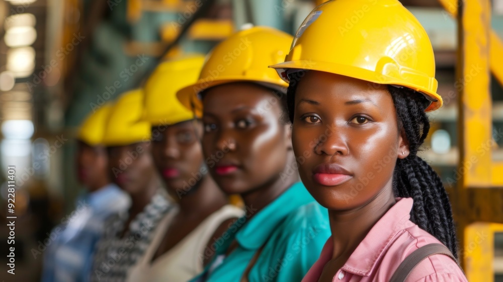 This image depicts a team of female engineers in safety helmets, working attentively together at a construction site, showcasing unity, strength, and professional collaboration. This image depicts a team of female engineers in safety helmets, working attentively together at a construction site, showcasing unity, strength, and professional collaboration.