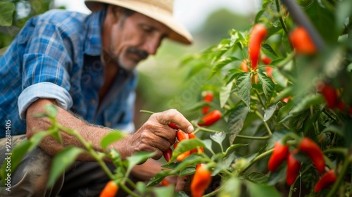 A farmer carefully harvests vibrant red peppers from a green field, representing dedication, agriculture, and the beauty of natural food production under a sunny sky. photo