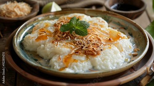 A beautifully arranged serabi dish with fluffy rice flour pancakes drizzled with sweet coconut syrup and fresh coconut shreds photo